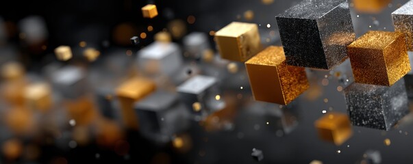 Abstract gold and silver cubes float against a dark background in a luxurious futuristic scene