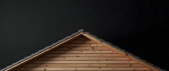 Dark close-up studio shot of a wooden shed roof gable and natural siding against a black background.