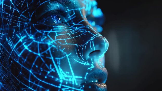 Futuristic Artificial Intelligence Human Face With Glowing Digital Network Lines