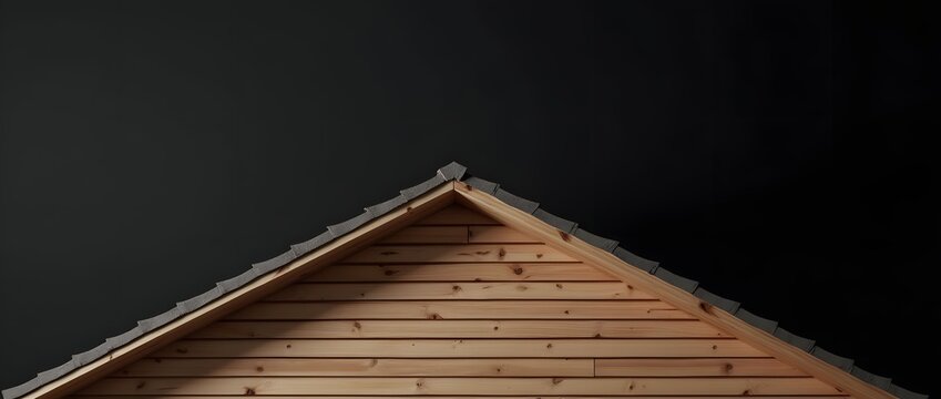 Dark close-up studio shot of a wooden shed roof gable and natural siding against a black background.