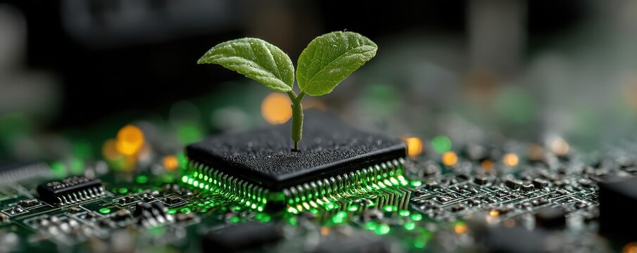 Plant sprouting from an integrated circuit, symbolizing green technology and innovation in electronics