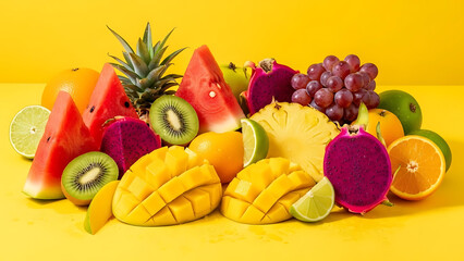 Fresh tropical fruits arranged on a bright background, juicy colors, summer freshness concept
