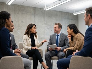 Smiling Diverse Business Team Having an Engaging Collaborative Discussion During an Informal Modern Office Meeting.