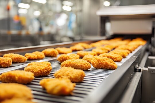 Production line for breaded chicken in a food factory showing the process of frying and preparing products for packaging