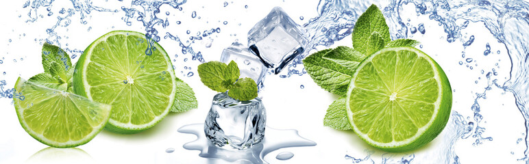 Lime with mint and ice cubes surrounded by splashing water in bright studio lighting