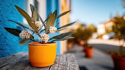A vibrant potted plant with leafy branches and delicate white flowers stands proudly against a colorful backdrop, symbolizing life, growth, and the beauty of nature.