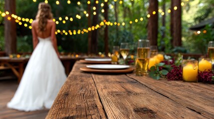 A beautifully arranged outdoor wedding scene in a forest, showcasing a long wooden table set with decor, glasses, and fairy lights that create a romantic ambiance.