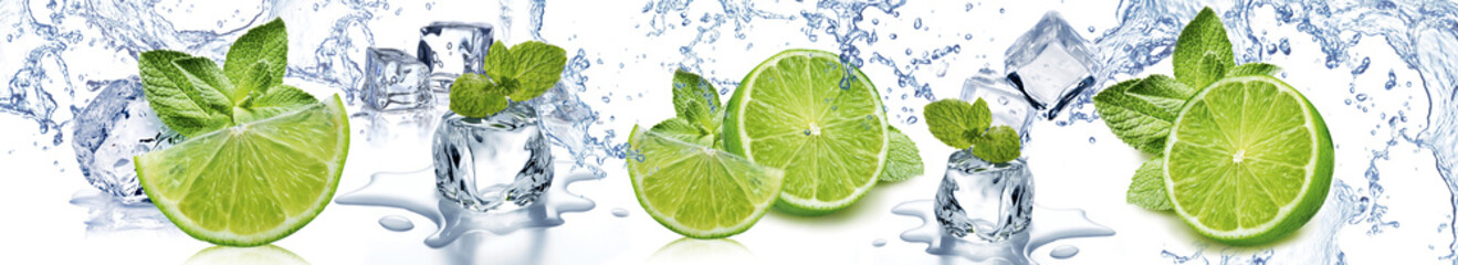 Fresh lime slices with mint leaves and ice cubes in clear water splash on white background