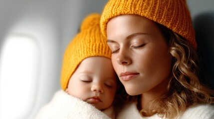 This touching image captures a serene moment between a mother and her sleeping child, both wearing matching yellow hats on an airplane, illustrating warmth and love during travel.