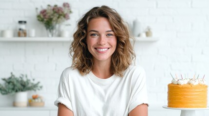 Naklejka premium This joyful image features a young woman smiling widely next to a beautifully decorated cake, embodying the spirit of celebration, happiness, and life's sweet moments.