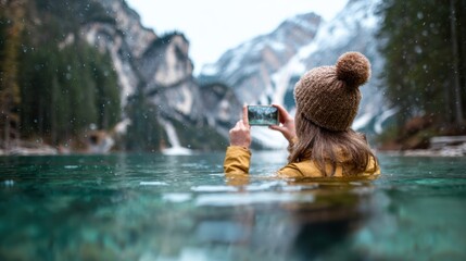 A person poses for a photograph in a picturesque mountain lake, surrounded by snow-capped peaks, showcasing the beauty of nature amidst a serene and tranquil setting.