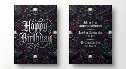 Gothic Happy Birthday invitation template. Vector dark aesthetic with skulls, ravens, black roses, and spider webs. Ornate baroque frame with silver calligraphy for a spooky celebration.