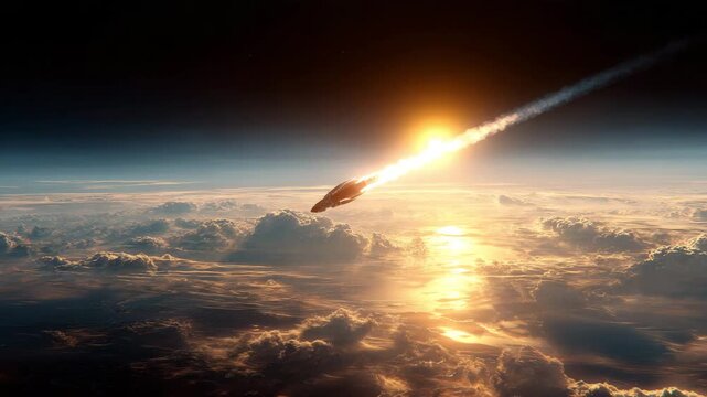 Meteor Entering Earth Atmosphere Above Clouds at Sunrise Cinematic View