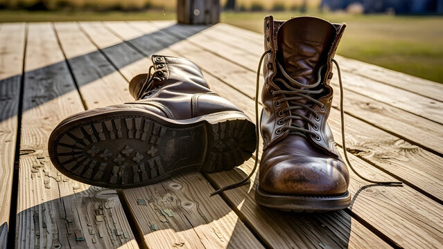Close-up shot of a pair of worn brown leather work boots on a rustic wooden deck