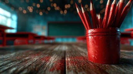 A striking visual of red pencils held in a rustic jar on a wooden table, symbolizing creativity and inspiration in an inviting classroom setting.