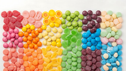 Assorted colorful candies and sweets arranged neatly
