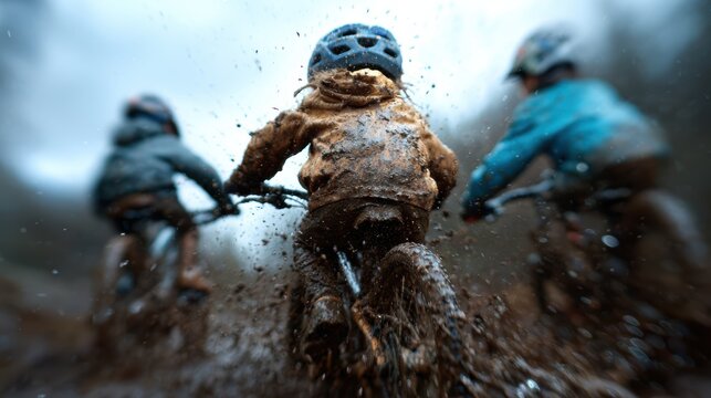 An energetic shot of children joyfully riding bikes through muddy terrain, splashing water and dirt, highlighting the thrill of adventure and childhood play in nature.