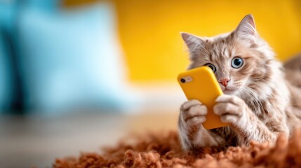An adorable ginger cat intently focused on a yellow smartphone, showcasing the playful and curious nature of pets in a cozy home environment.