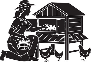 Female Farmer Gathering Eggs from Chicken Coop Nesting Box Silhouettes isolated on white background © Abdul Hamid