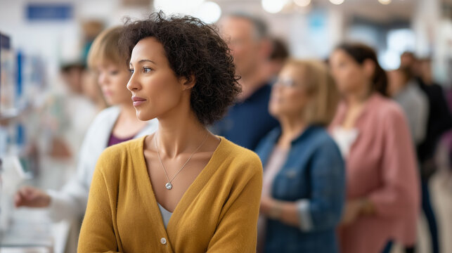 Faceless impatient black woman waiting in line in pharmacy heavily defocused drugstore background anonymous customer with frustration retail queue stress consumer waiting