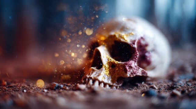 A captivating close-up of a skull set against a backdrop of soft, glittering dust, evoking themes of mortality and the enigma of existence through abstract elements.