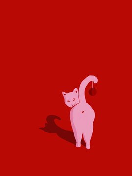 Cat with Christmas ornament on red background