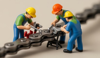 Miniature figures repair a bicycle chain with tools in a workshop setting during daylight hours