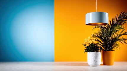 A modern indoor setting featuring a stylish lamp and vibrant plant pots against a colorful backdrop, evoking warmth, creativity, and a refreshing ambiance for any space.