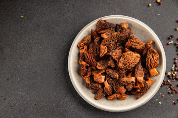 Morels mushrooms natural mushroom healthy food ingredient appetizer fresh tasty gourmet food background on the table rustic food top view copy space keto and paleo diet vegetarian and vegan food