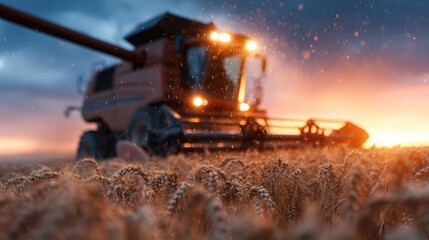 A combine harvester is depicted working diligently in a golden wheat field during sunset, embodying the essence of agriculture and the beauty of rural life.