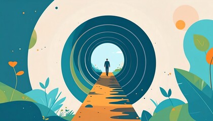 Abstract art of a person walking towards a bright future through a tunnel