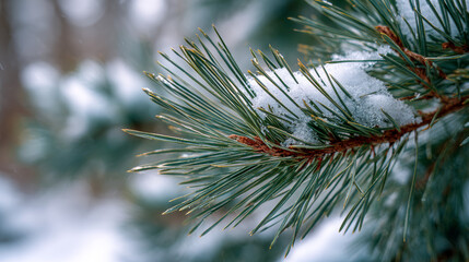 Outdoor Snowy Pine Branch Close-Up, Natural Winter Textures, Diffused Soft Light, Cozy Winter Atmosphere, Frosted Pine Detail, Seasonal Nature Macro Photography