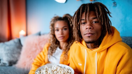 A couple enjoys a cozy evening at home, sharing popcorn while dressed in matching yellow hoodies, creating a warm and inviting atmosphere that captures comfort and companionship.
