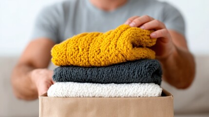 A cozy assortment of colorful knitted sweaters placed neatly in a box, representing warmth, comfort, and the delightful feeling of preparing for colder seasons ahead.