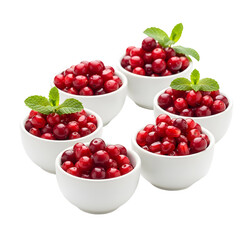 Fresh cranberries in white bowls with mint leaves on black background