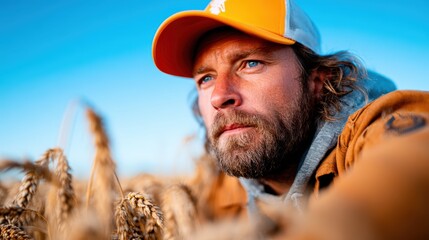 A thoughtful farmer gazes into the distance amidst golden wheat fields, embodying the connection to nature, agriculture, and the contemplative spirit of rural life.