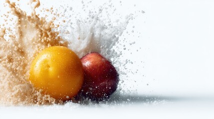 A vibrant splash featuring a yellow plum and red apple, creating an eye-catching display that captures the essence of freshness and the joy of fruits in motion.