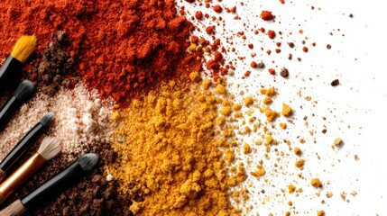 An artistic arrangement of vibrant spices and makeup brushes, illustrating the blend of culinary and cosmetic artistry in a visually stimulating manner.