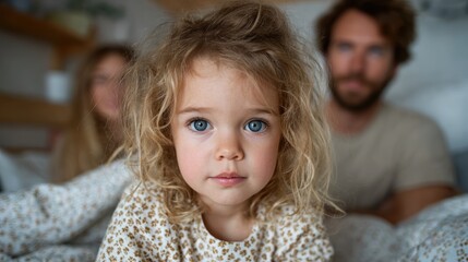 A close-up shot of a curly-haired child with captivating blue eyes, surrounded by a warm and cozy environment that conveys innocence and familial love.