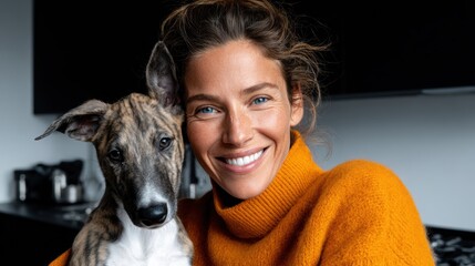 A joyful woman cradles her adorable puppy on a cozy couch, radiating warmth and affection that captures the loving bond between humans and their pets.