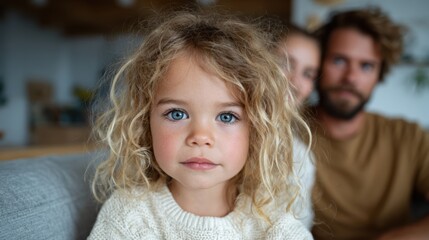 A young girl with captivating blue eyes looks directly at the camera, portraying innocence and wonder in a serene, warm family environment that radiates love.