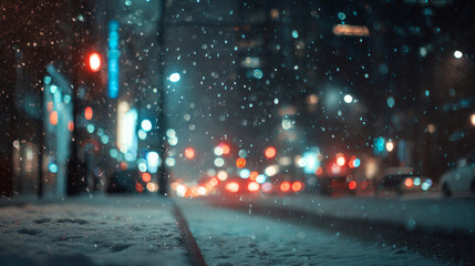 Magical Snowfall on City Street at Night with Soft Bokeh Lights, Emotional Cinematic Atmosphere, Winter Urban Scene, Cozy Nighttime Mood, Festive Winter Magic