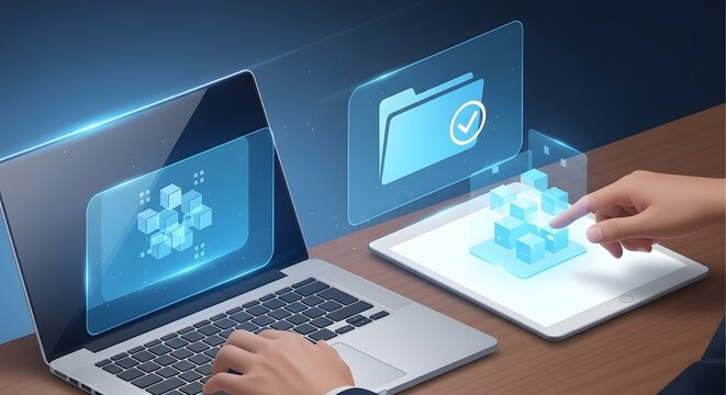 Illustration of businessman interacting with futuristic holographic interface showing data management, file transfer, and cloud storage concept on laptop and tablet - Powered by Adobe