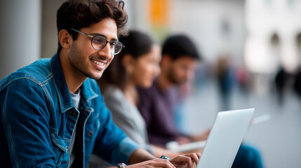 Faceless happy Indian student and male friend using laptop heavily defocused university campus background anonymous learners with digital collaboration academic technology usage
