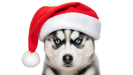 Husky dog wearing a red Santa hat with white trim and pom isolated on a transparent background red hat