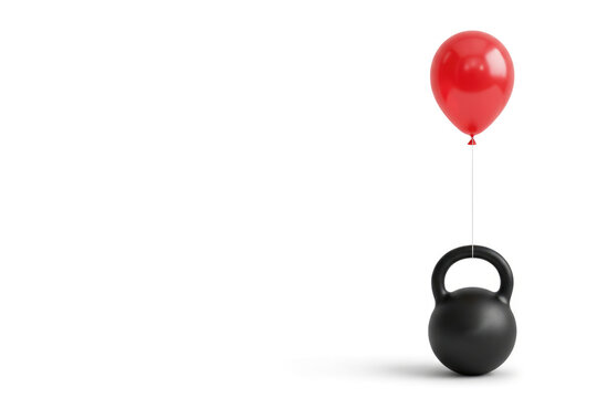 A black kettlebell is tied to a red balloon, Space for text.