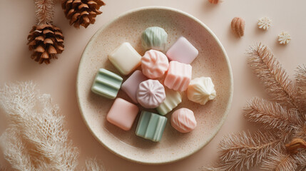 Matte Pastel Christmas Sweets on Ceramic Plate, Minimal Composition, Neutral Background, Holiday Dessert Flat Lay, Elegant Festive Treats