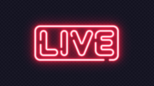 Bright red neon live sign glowing on a transparent background. A striking modern design perfect for streams, broadcasts, and digital announcements