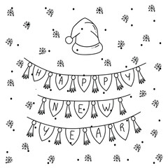 Doodle style New Year and Christmas Banner with hands. Happy new Year Merry Christmas Hand Drawn Doodle Elements