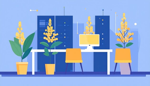 Animated workspace desk, chair, computer, plants in pots, tall servers on light blue background with dot elements